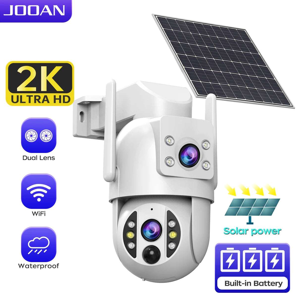 JOOAN 2K Wireless Solar Battery IP Camera Outdoor Dual Lens PIR Night Vision 2-Way Audio Wifi CCTV Monitor Video Surveillance