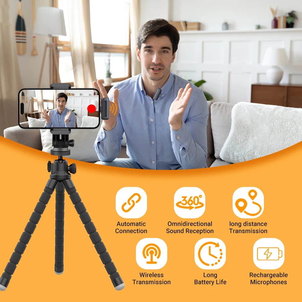 Lavalier Microphone 2.4G Wireless Stereo mic with Charging case for Live Interview Outdoor Mini Noise Cancelling Lapel Micphone
